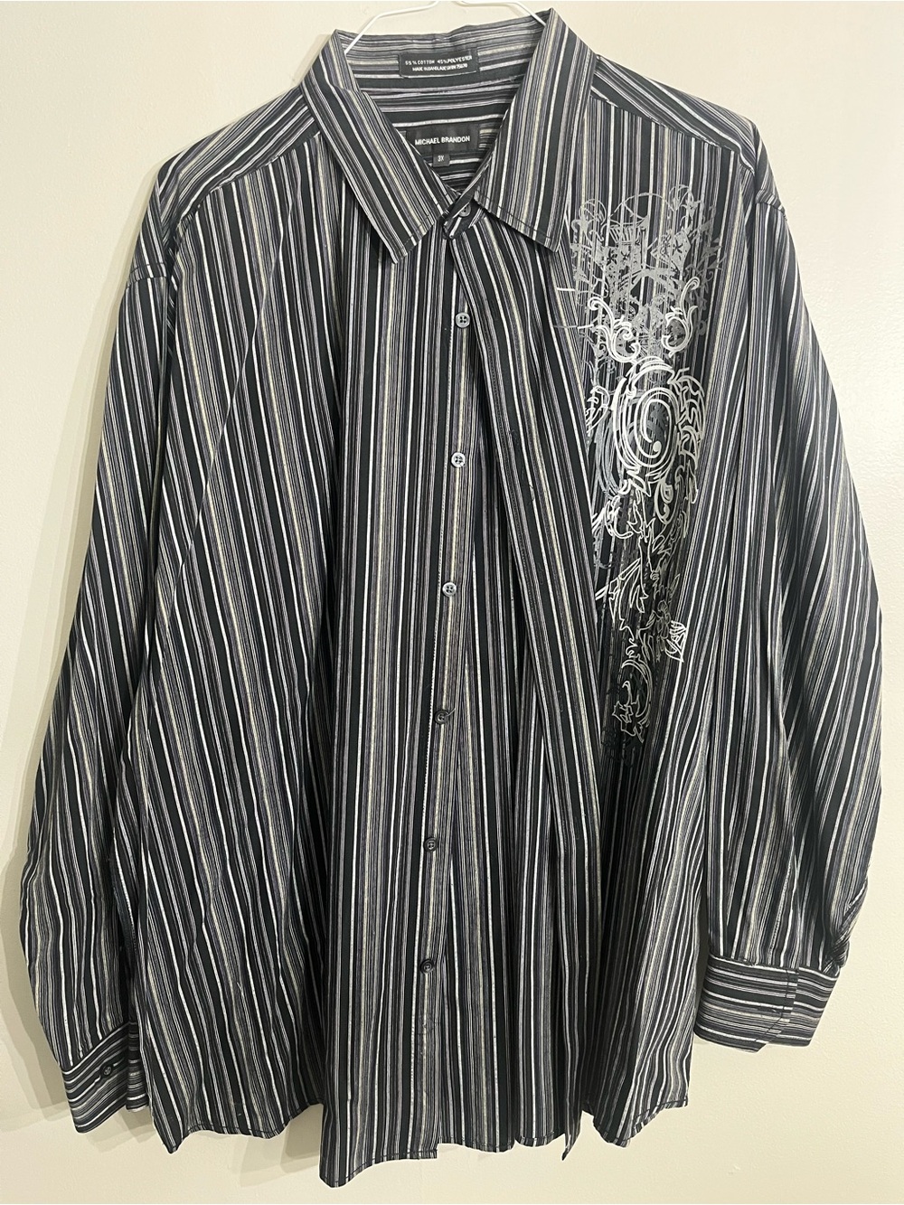 Michael Brandon Black and White Striped Button-Down Shirt with Graphic Accent